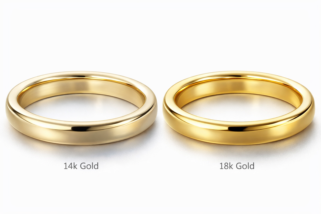 Side-by-side comparison of 14k and 18k gold rings showing differences in color tone and gold purity