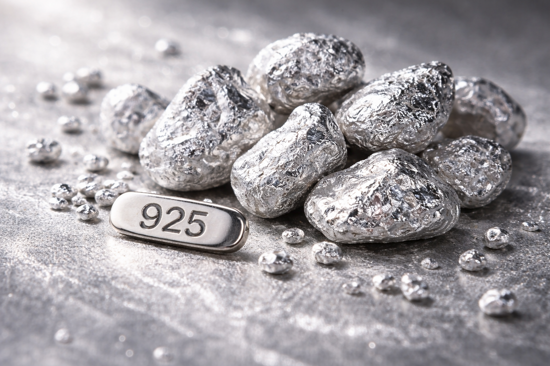 High-quality close-up of raw 925 sterling silver nuggets on a cool, reflective surface, symbolizing quiet luxury, purity, and fine jewelry craftsmanship.