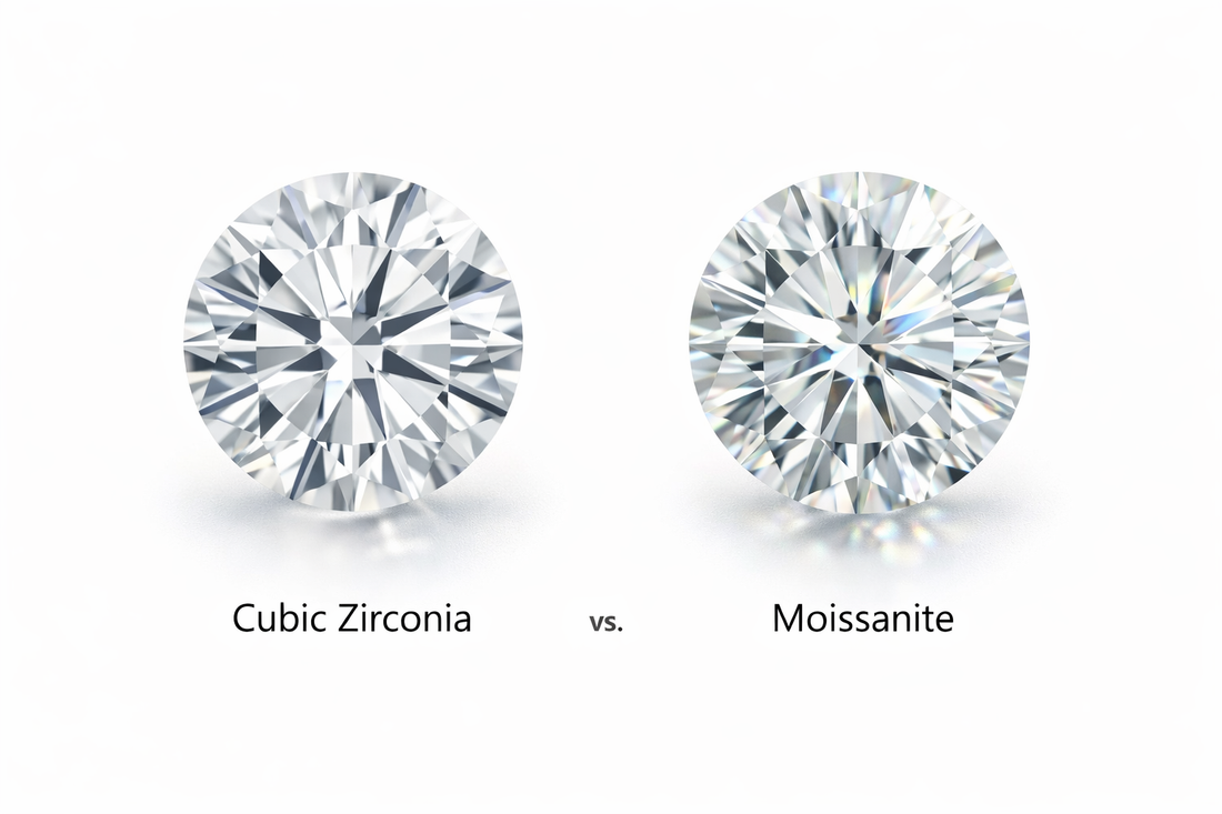 Visual comparison of moissanite and cubic zirconia brilliance and optical clarity