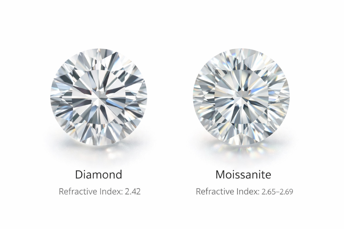 Moissanite is doubly refractive, meaning it bends light differently than diamond — a property that contributes to its increased brilliance but is rarely noticeable to the naked eye.