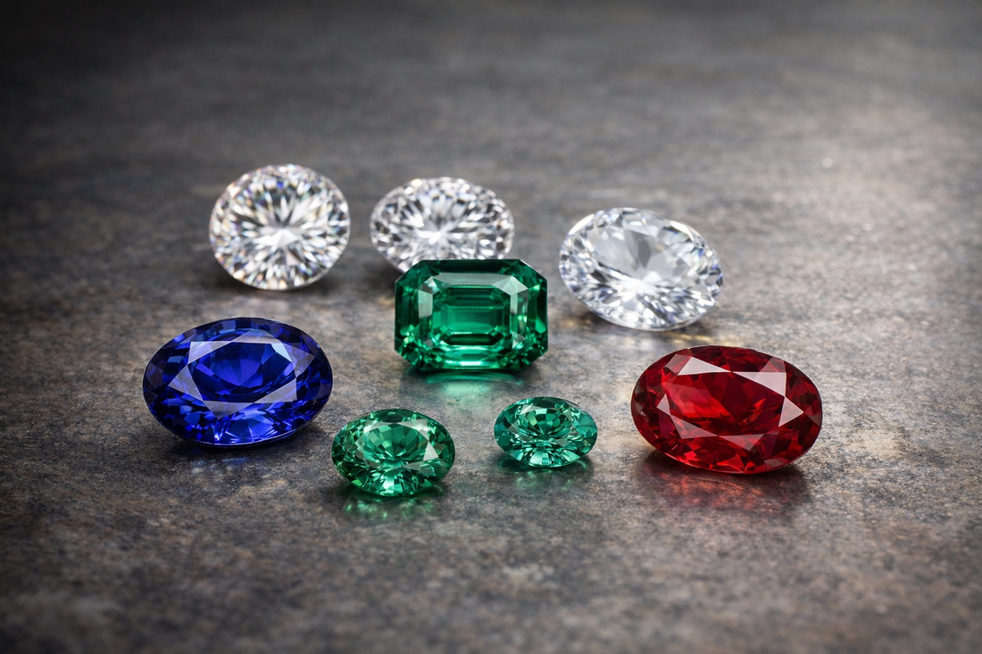 Sieben kleine, facettierte Edelsteine auf dunkler, reflektierender Oberfläche: farbloser Moissanit, Diamant und weißer Saphir, grüner Smaragd (Mitte), blauer Saphir, zwei grüne Smaragde und roter Rubin, mit realistischen Lichtreflexen.
