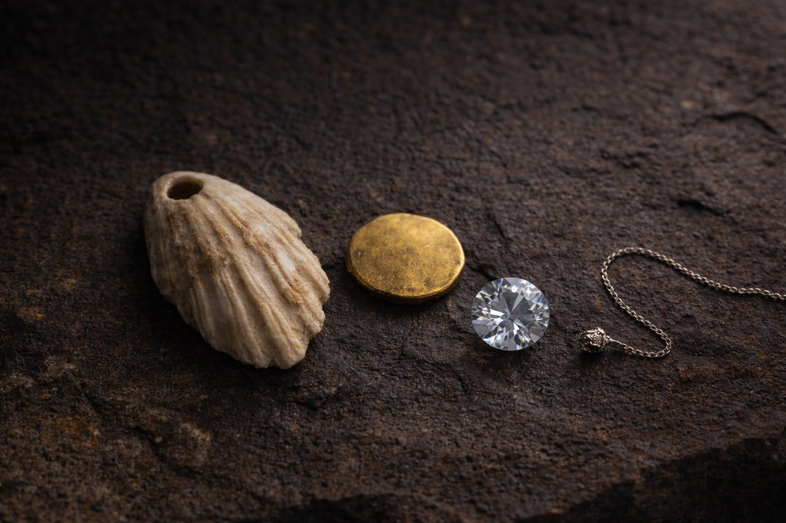 Historische und moderne Schmuckstücke auf dunklem Stein: eine durchbohrte Muschel, eine goldene Scheibe, ein brillant geschliffener Stein und eine feine Silberkette im Querformat.