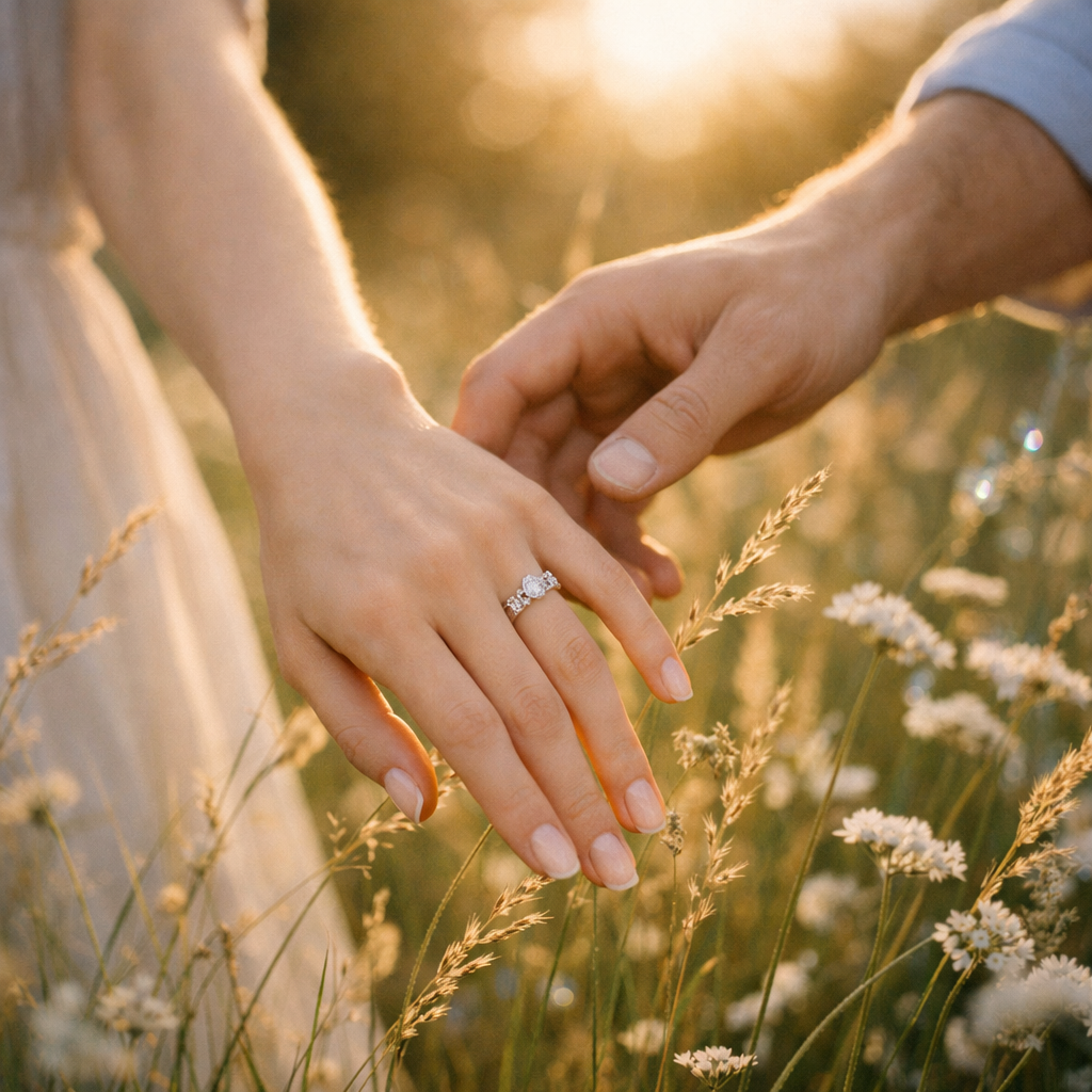 Zwei Hände berühren sich sanft in einer goldenen Sommerwiese im Abendlicht. 