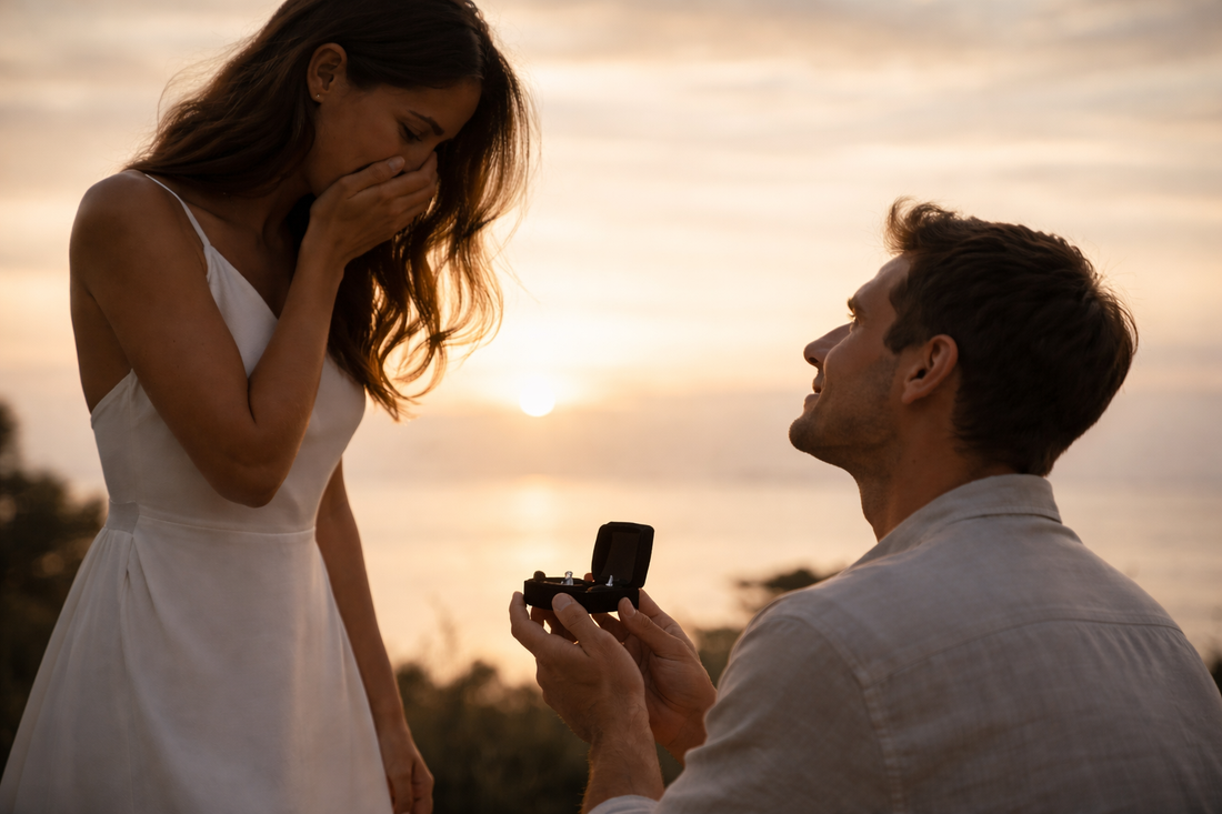 Heiratsantrag bei Sonnenuntergang mit Verlobungsring – emotionaler Moment in warmem Abendlicht.