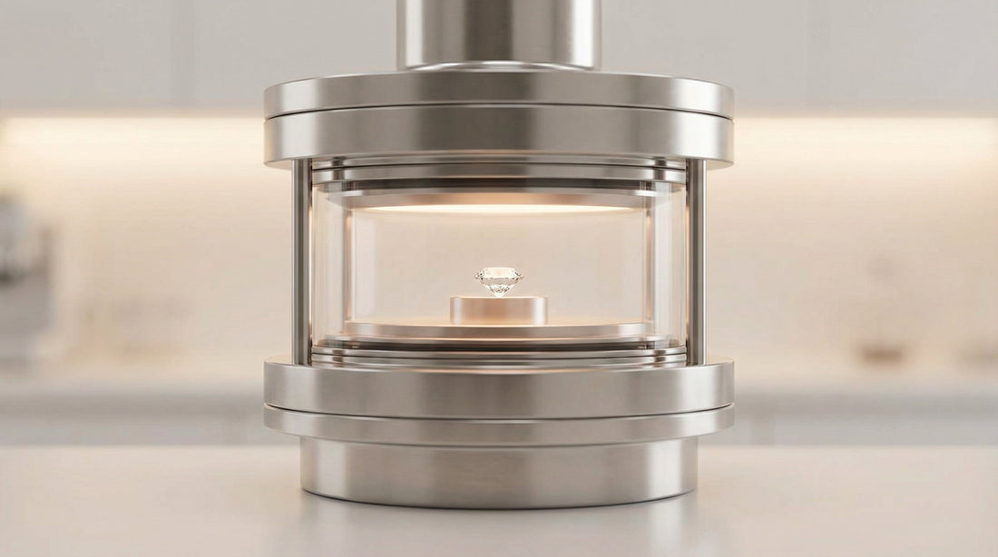 Laboratory-grown gemstone displayed inside a controlled growth chamber, illustrating the modern, ethical process of creating lab-grown gems for fine jewelry.