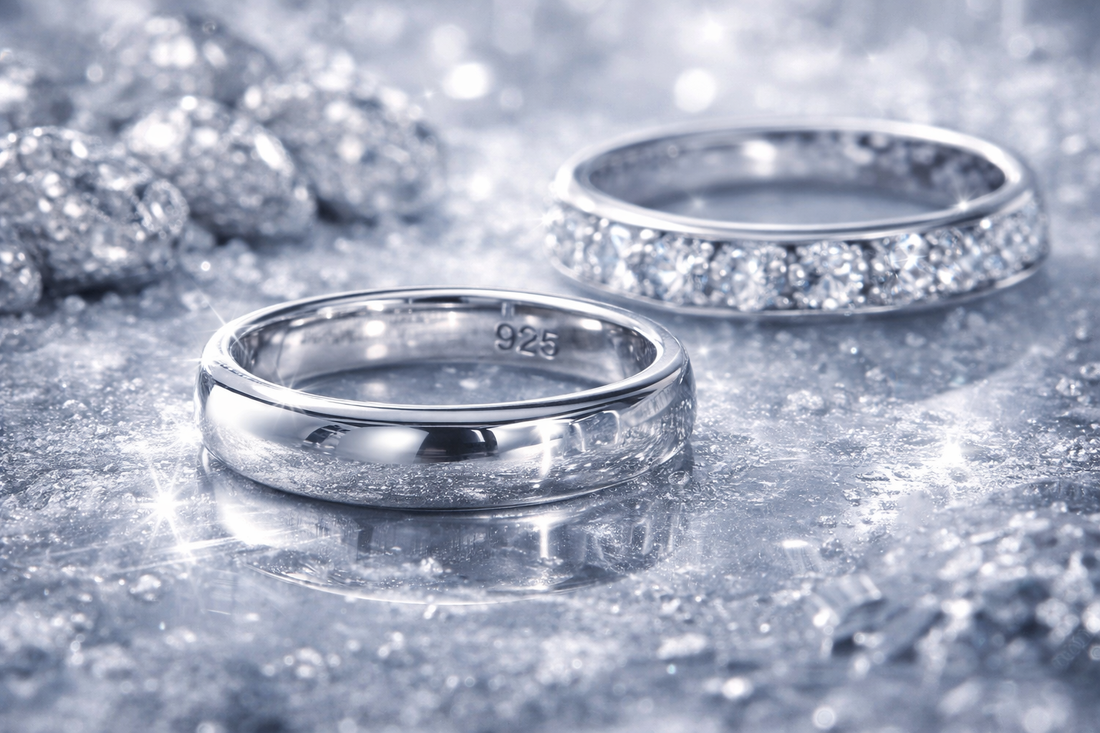 Close-up of rhodium-plated fine jewelry with a brilliant gemstone, displayed alongside raw rhodium granules and metallic nuggets on a cool, reflective surface, illustrating durability, brightness, and luxury plating.