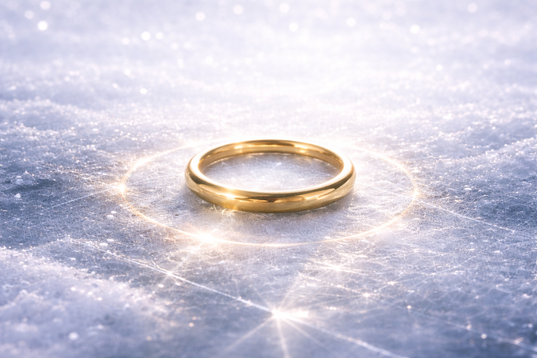 Polierter, etwas breiterer Goldring als Kreis-Symbol auf einer eisigen Oberfläche, umgeben von feinem Frost und kühlem Licht – minimalistische, luxuriöse Bildästhetik im Glacier-&-Aurealis-Stil.
