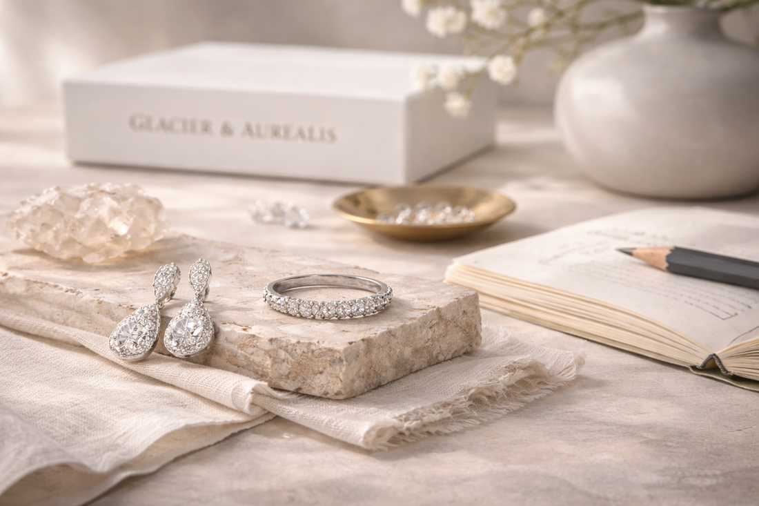 Fine jewelry still life featuring Glacier & Aurealis designs on a natural stone surface, including a diamond eternity ring and drop earrings, styled with minimalist objects to reflect craftsmanship, timeless design, and modern luxury.