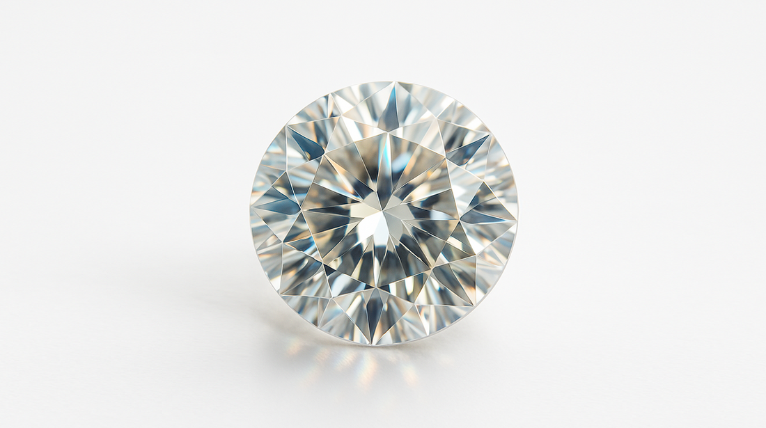 Round-cut colorless moissanite gemstone with brilliant facets by Glacier & Aurealis