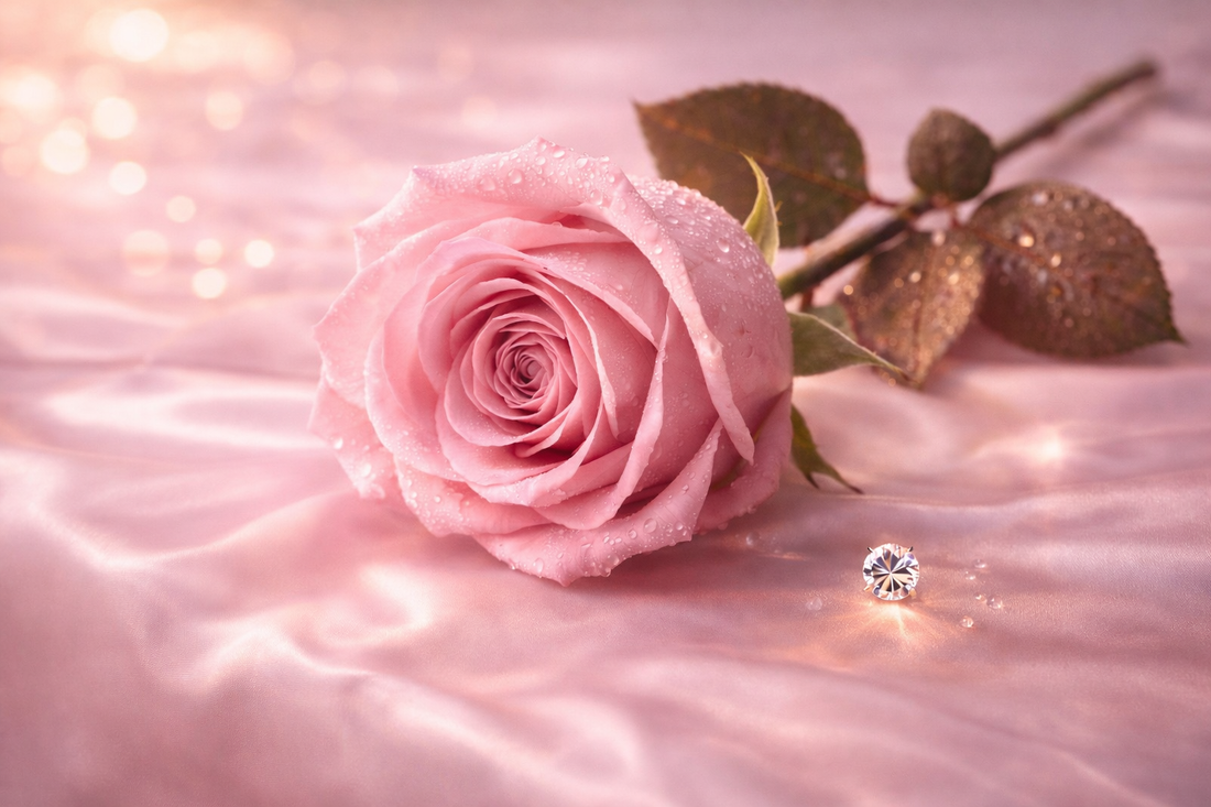 Soft pink rose resting on silky fabric with gentle light reflections, symbolizing love, romance, and Valentine’s Day elegance in a quiet luxury aesthetic.