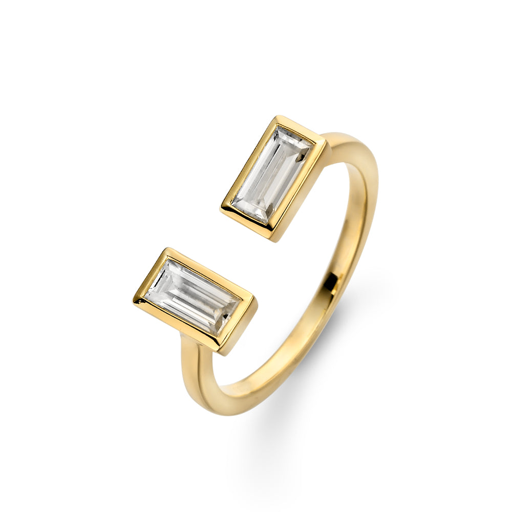 Equinox Ring aus Gold mit zwei Baguette Moissanite-Steinen, offenes modernes Design in eleganter Perspektive