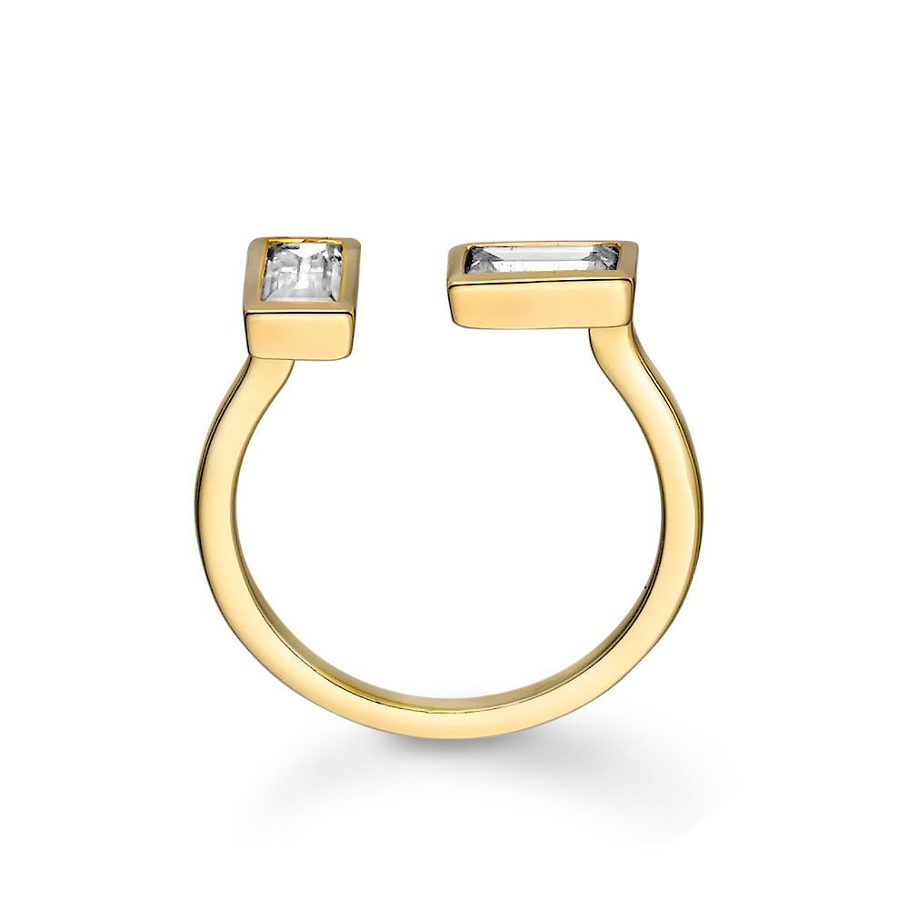 Equinox Ring mit zwei rechteckigen Baguette-Steinen, offene Ringschiene aus Gold in klarer Frontansicht