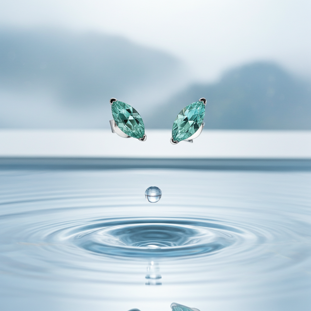 Azure Drop, Marquise Cut Moissanit in green, Studs, on water, water drop