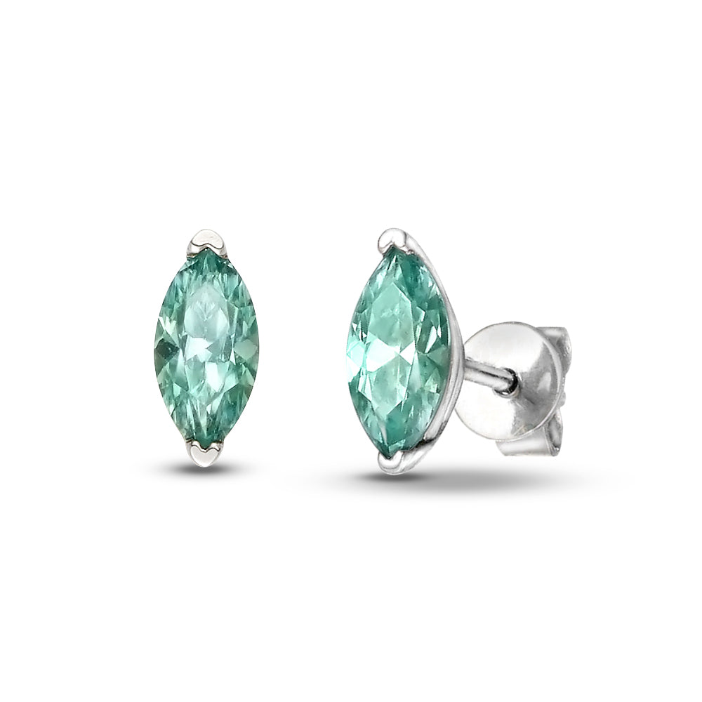 Azure Drop stud earrings by Glacier & Aurealis with green moissanite in silver.