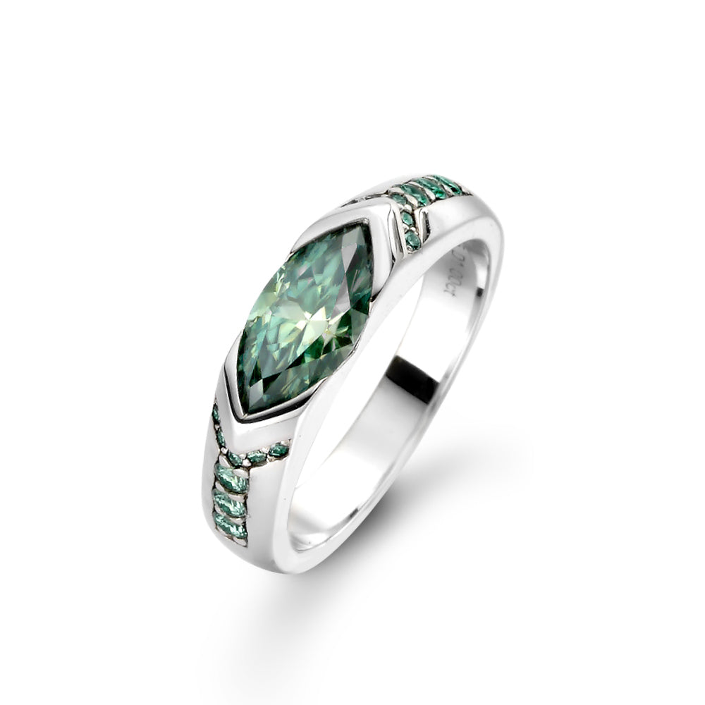Azure Ice ring by Glacier & Aurealis with green moissanite in silver.