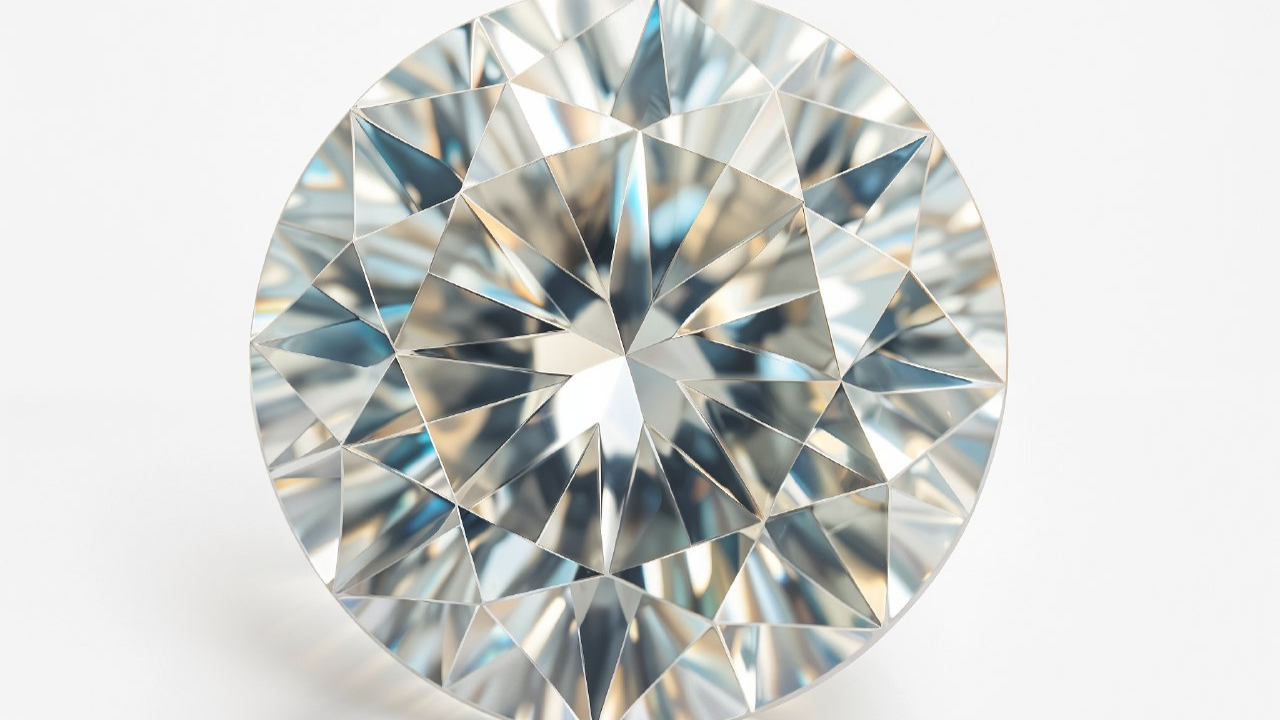 Close-up of a round brilliant moissanite stone showing precise facets and high light reflection.