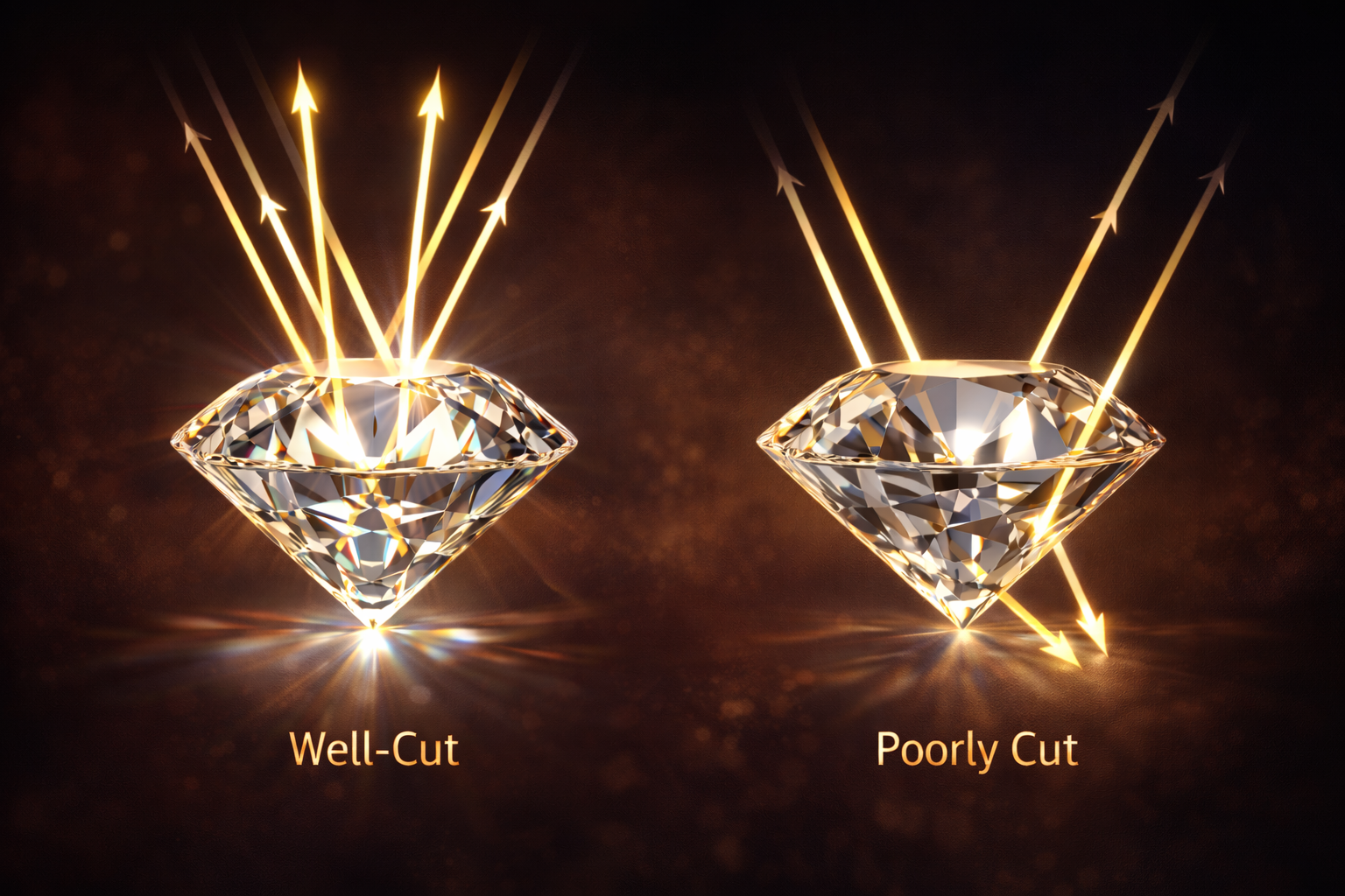Comparison of well-cut versus poorly cut gemstone, illustrating light reflection, brilliance, and cut quality